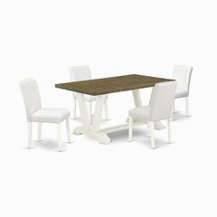 East West Furniture V076AB264-5 5-Piece Awesome Dining Set a Good Distressed Jacobean dining table Top and 4 Lovely Pu Leather Parson Chairs with Stylish Chair Back, Linen White Finish