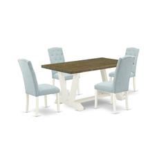 East West Furniture V076CE215-5 5-Piece Dining Set- 4 Dining Room Chairs with Baby Blue Linen Fabric Seat and Button Tufted Chair Back - Rectangular Table Top & Wooden Legs - Distressed Jacobean and L