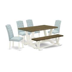 East West Furniture V076CE215-6 6-Piece Dining Room Set- 4 Kitchen Parson Chairs with Baby Blue Linen Fabric Seat and Button Tufted Chair Back - Rectangular Top & Wooden Legs Wood Dining Table and Din
