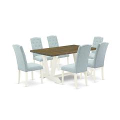 East West Furniture V076CE215-7 7-Pc Dining Table Set- 6 Dining Chairs with Baby Blue Linen Fabric Seat and Button Tufted Chair Back - Rectangular Table Top & Wooden Legs - Distressed Jacobean and Lin