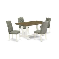 East West Furniture V076EL207-5 5-Piece Dining Set- 4 Dining Chairs with Smoke Linen Fabric Seat and Button Tufted Chair Back - Rectangular Table Top & Wooden Legs - Distressed Jacobean and Linen Whit