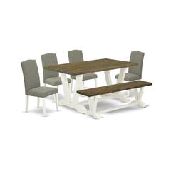 East West Furniture V076EN206-6 6-Piece Fashionable Rectangular Table Set a Superb Distressed Jacobean Wood Dining Table Top and Distressed Jacobean Wood Bench and 4 Stunning Linen Fabric Kitchen Pars