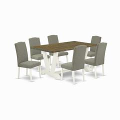 East West Furniture V076EN206-7 7-Piece Fashionable Dining Set a Great Distressed Jacobean Kitchen Table Top and 6 Attractive Linen Fabric Dining Room Chairs with Nail Heads and Stylish Chair Back, Li