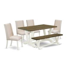 East West Furniture 6-Piece Fashionable an Excellent Distressed Jacobean Dining Table Top and Distressed Jacobean Wood Bench and 4 Gorgeous Linen Fabric Kitchen Parson Chairs with Nails Head and Styli