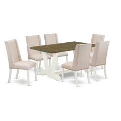 East West Furniture 7-Piece Gorgeous Modern Dining Table Set a Distressed Jacobean Color rectangular Table Top and 6 Beautiful Linen Fabric Cream Color Kitchen Chairs with Nail Heads and Stylish Chair