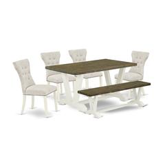 East West Furniture 6-Piece kitchen table set-Doeskin Linen Fabric Seat and Button Tufted Chair Back Parson chairs, A Rectangular Bench and Rectangular Top Dining Table with Wood Legs - Distressed Jac