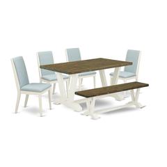East West Furniture V076LA015-6 6Pc Dinette Sets for Small Spaces Consists of a Dining Room Table, 4 Parsons Chairs with Baby Blue Color Linen Fabric and a Bench, Medium Size Table with Full Back Chai
