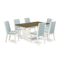 East West Furniture V076LA015-7 7Pc Dinette Set Offers a Wood Dining Table and 6 Parsons Dining Chairs with Baby Blue Color Linen Fabric, Medium Size Table with Full Back Chairs, Wirebrushed Linen Whi