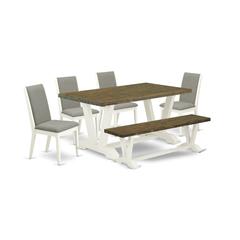 East West Furniture V076LA206-6 6-Piece Fashionable Dining Room Set an Excellent Distressed Jacobean Kitchen Rectangular Table Top and Distressed Jacobean Bench and 4 Amazing Linen Fabric Dining Chair
