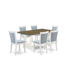 V076MZ015-7 7-Piece Dinner Table Set Consists of a Wooden Table and 6 Baby Blue Dining Chairs - Wire Brushed Linen White Finish