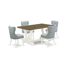 East West Furniture V076SI215-5 5-Piece Dining Table Set- 4 Upholstered Dining Chairs with Baby Blue Linen Fabric Seat and Button Tufted Chair Back - Rectangular Table Top & Wooden Legs - Distressed J