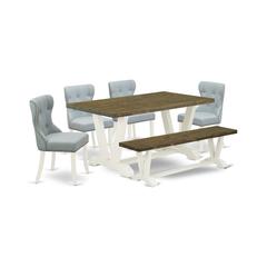 East West Furniture V076SI215-6 6-Piece Dining Room Set- 4 Upholstered Dining Chairs with Baby Blue Linen Fabric Seat and Button Tufted Chair Back - Rectangular Top & Wooden Legs Dining Table and Indo
