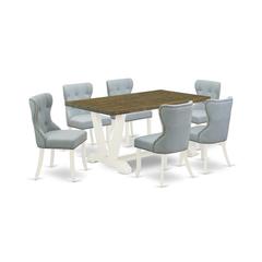 East West Furniture V076SI215-7 7-Piece Dining Set- 6 Kitchen Parson Chairs with Baby Blue Linen Fabric Seat and Button Tufted Chair Back - Rectangular Table Top & Wooden Legs - Distressed Jacobean an