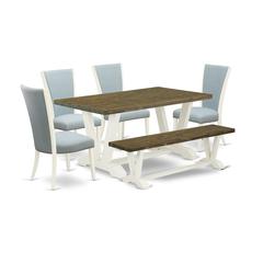 East West Furniture V076VE215-6 6 Piece Dining Set - 4 Baby Blue Linen Fabric Parsons Chair with Nailheads and Distressed Jacobean Rectangular Dining Table - 1 Kitchen Bench - Linen White Finish