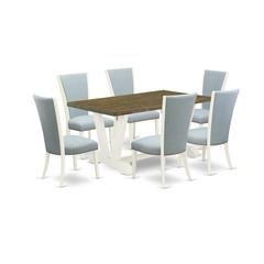 East West Furniture V076VE215-7 7 Piece Dining Room Set - 6 Baby Blue Linen Fabric Kitchen Chair with Nailheads and Distressed Jacobean Dining Table - Linen White Finish