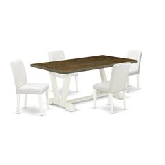 East West Furniture V077AB264-5 5-Piece Modern Dining room Set a Good Distressed Jacobean Dining Table Top and 4 Wonderful Pu Leather Parson Dining Room Chairs with Stylish Chair Back, Linen White Fin