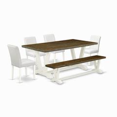 East West Furniture V077AB264-6 6-Piece Fashionable Dining Room Table Set a Superb Distressed Jacobean Kitchen Rectangular Table Top and Distressed Jacobean Wooden Bench Indoor and 4 Beautiful Pu Leat