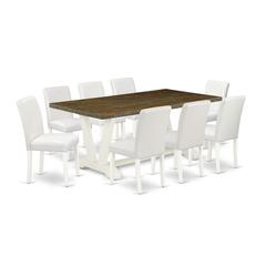 East West Furniture V077AB264-9 9-Piece Beautiful Rectangular Table Set a Good Distressed Jacobean Kitchen Table Top and 8 Stunning Pu Leather Dining Room Chairs with Stylish Chair Back, Linen White F