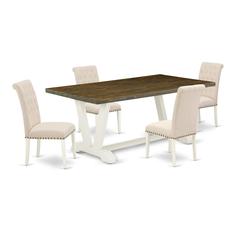East West Furniture V077BR202-5 5-Piece Gorgeous kitchen table set an Excellent Distressed Jacobean Kitchen Table Top and 4 Wonderful Linen Fabric Parson Chairs with Nail Heads and Button Tufted Chair