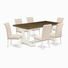 East West Furniture V077BR202-7 7-Piece Amazing Dining Table Set an Outstanding Distressed Jacobean Wood Table Top and 6 Beautiful Linen Fabric Modern Dining Chairs with Nail Heads and Button Tufted C