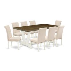East West Furniture V077BR202-9 9-Piece Awesome Modern Dining Table Set an Excellent Distressed Jacobean rectangular Table Top and 8 Lovely Linen Fabric Solid Wood Leg chairs with Nail Heads and Butto