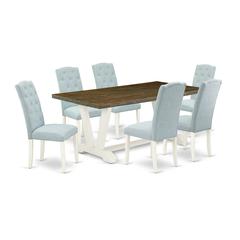 East West Furniture V077CE215-7 7-Pc Dining Room Set- 6 Dining Padded Chairs with Baby Blue Linen Fabric Seat and Button Tufted Chair Back - Rectangular Table Top & Wooden Legs - Distressed Jacobean a
