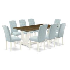 East West Furniture V077CE215-9 9-Piece Kitchen Dining Room Set-8 Parson Chairs with Baby Blue Linen Fabric Seat and Button Tufted Chair Back - Rectangular Table Top & Wooden Legs - Distressed Jacobea