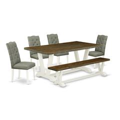 East West Furniture V077EL207-6 6-Pc Kitchen Dining Set- 4 Kitchen Chairs with Smoke Linen Fabric Seat and Button Tufted Chair Back - Rectangular Top & Wooden Legs Dining Room Table and Bench - Distre