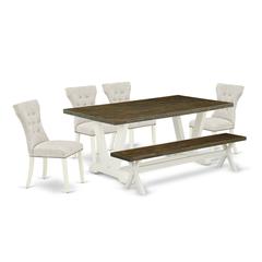 East West Furniture 6-Piece Dinette Room Set- 4 Padded Parson Chairs with Doeskin Linen Fabric Seat and Button Tufted Chair Back - Rectangular Top & Wooden Legs Dining Table and Wooden Bench - Distres
