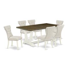 East West Furniture 7-Pc Dinette Room Set- 6 Upholstered Dining Chairs with Doeskin Linen Fabric Seat and Button Tufted Chair Back - Rectangular Table Top & Wooden Legs - Distressed Jacobean and Linen