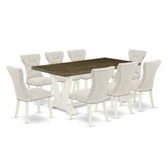 East West Furniture 9-Pc Dining Table Set- 8 Parson Dining Chairs with Doeskin Linen Fabric Seat and Button Tufted Chair Back - Rectangular Table Top & Wooden Legs - Distressed Jacobean and Linen Whit