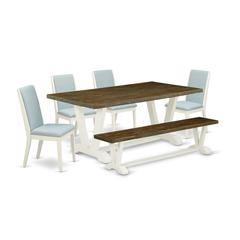 East West Furniture V077LA015-6 6Pc Dining Table Set Includes a Wood Dining Table, 4 Parsons Dining Chairs with Baby Blue Color Linen Fabric and a Bench, Medium Size Table with Full Back Chairs, Wireb