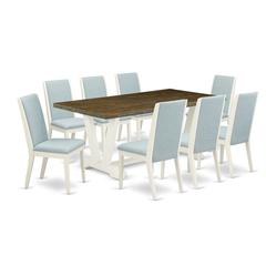 East West Furniture V077LA015-9 9Pc Dining Table set Consists of a Rectangular Table and 8 Upholstered Dining Chairs with Baby Blue Color Linen Fabric, Medium Size Table with Full Back Chairs, Wirebru