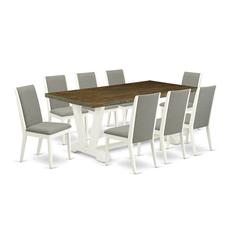East West Furniture V077LA206-9 9-Piece Fashionable Dining Set an Excellent Distressed Jacobean dining table Top and 8 Stunning Linen Fabric Parson Dining Chairs with Stylish Chair Back, Linen White F