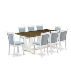 East West Furniture 9-Pc Dining Table Set Contains a Modern Table and 8 Baby Blue Linen Fabric Dining Chairs with Stylish Back - Wire Brushed Linen White Finish