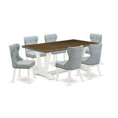 East West Furniture V077SI215-7 7-Piece Dinette Set- 6 Upholstered Dining Chairs with Baby Blue Linen Fabric Seat and Button Tufted Chair Back - Rectangular Table Top & Wooden Legs - Distressed Jacobe