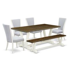 East West Furniture V077VE005-6 6 Piece Kitchen Table Set - Distressed Jacobean Dinner Table, 1 Dining Room Bench and 4 Grey Linen Fabric Parson Chairs with Nailheads - Wire Brushed Linen White Finish