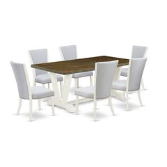 East West Furniture 7-Pc Dining Room Set Includes 6 Mid Century Dining Chairs with Upholstered Seat-Rectangular Wooden Dining Table - Distressed Jacobean and Wirebrushed Linen White Finish