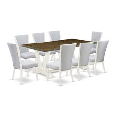 East West Furniture 9-Pc Dining Room Table Set Includes 8 Mid Century Dining Chairs with Upholstered Seat and Stylish Back-Rectangular Table - Distressed Jacobean and Wirebrushed Linen White Finish