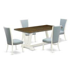 East West Furniture V077VE215-5 5 Piece Mid Century Dining Set - 4 Baby Blue Linen Fabric Parson Chairs with Nailheads and Distressed Jacobean Wooden Table - Linen White Finish