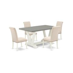 East West Furniture V096BR202-5 5-Pc Stylish Dining Room Table Set a Cement Color Modern Dining Table Top and 4 Lovely Linen Fabric Parson Chairs with Nail Heads and Button Tufted Chair Back, Wire Bru