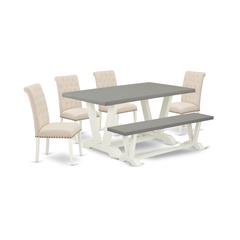 East West Furniture V096BR202-6 6-Piece Awesome kitchen table set an Outstanding Cement Color Modern Dining Table Top and Cement Color Dining Room Bench and 4 Wonderful Linen Fabric Kitchen Chairs wit