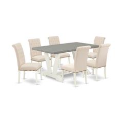 East West Furniture V096BR202-7 7-Piece Awesome Dining Table Set an Outstanding Cement Color rectangular Table Top and 6 Stunning Linen Fabric Padded Chairs with Nail Heads and Button Tufted Chair Bac