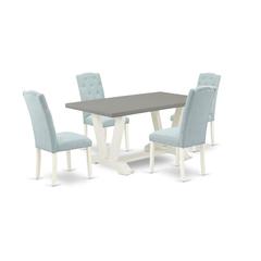 East West Furniture 5-Piece Dining Room Table Set- 4 Parson Dining Room Chairs with Baby Blue Linen Fabric Seat and Button Tufted Chair Back - Rectangular Table Top & Wooden Legs - Cement and Linen Wh