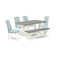 East West Furniture 6-Pc Kitchen Dining Set- 4 Dining Chairs with Baby Blue Linen Fabric Seat and Button Tufted Chair Back - Rectangular Top & Wooden Legs Wood Kitchen Table and Small Bench - Cement a