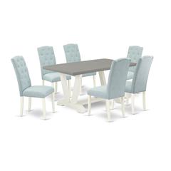 East West Furniture 7-Pc Modern Dining Set- 6 Dining Padded Chairs with Baby Blue Linen Fabric Seat and Button Tufted Chair Back - Rectangular Table Top & Wooden Legs - Cement and Linen White Finish