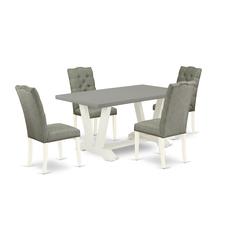 East West Furniture 5-Pc Dining Room Set- 4 Parson Chairs with Smoke Linen Fabric Seat and Button Tufted Chair Back - Rectangular Table Top & Wooden Legs - Cement and Linen White Finish
