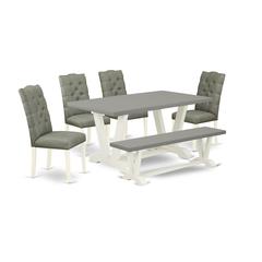East West Furniture 6-Piece Dining Table Set- 4 Kitchen Parson Chairs with Smoke Linen Fabric Seat and Button Tufted Chair Back - Rectangular Top & Wooden Legs Kitchen Dining Table and Kitchen Bench -