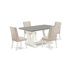 East West Furniture V096FL201-5 5-Piece Beautiful a Good Cement Color Kitchen Table Top and 4 Lovely Linen Fabric Solid Wood Leg Chairs with Nail Heads and Stylish Chair Back, Linen White Finish