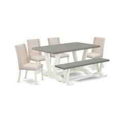 East West Furniture V096FL201-6 6-Piece Modern Dining Room Table Set an Excellent Cement Color dining table Top and Cement Color Small Bench and 4 Lovely Linen Fabric Padded Chairs with Nail Heads and